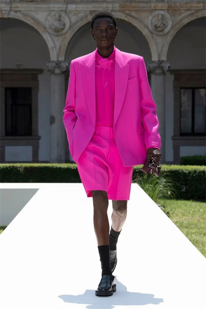 Conjunto de trajes rojos de verano para hombre, chaqueta de 2 piezas + pantalones cortos, chaqueta de esmoquin para boda, abrigo Formal de algodón para oficina para hombre