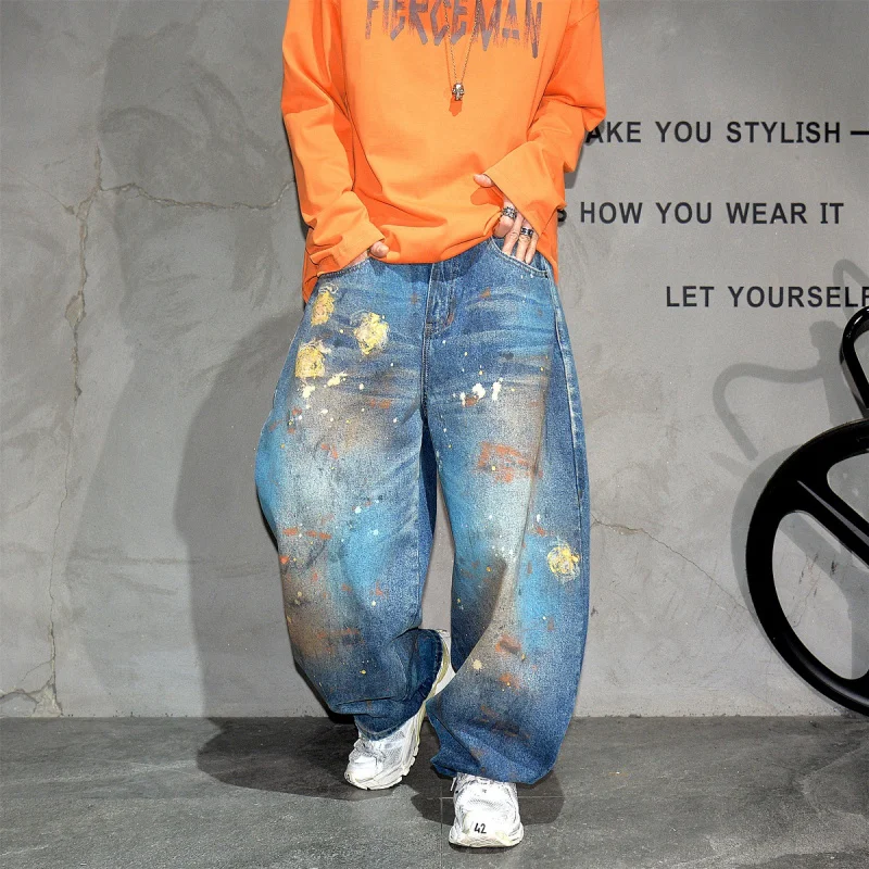 Men's American Vibe Splash Ink Graffiti Vintage Curved Wide Leg Jeans Streetwear Loose Casual Denim Pants