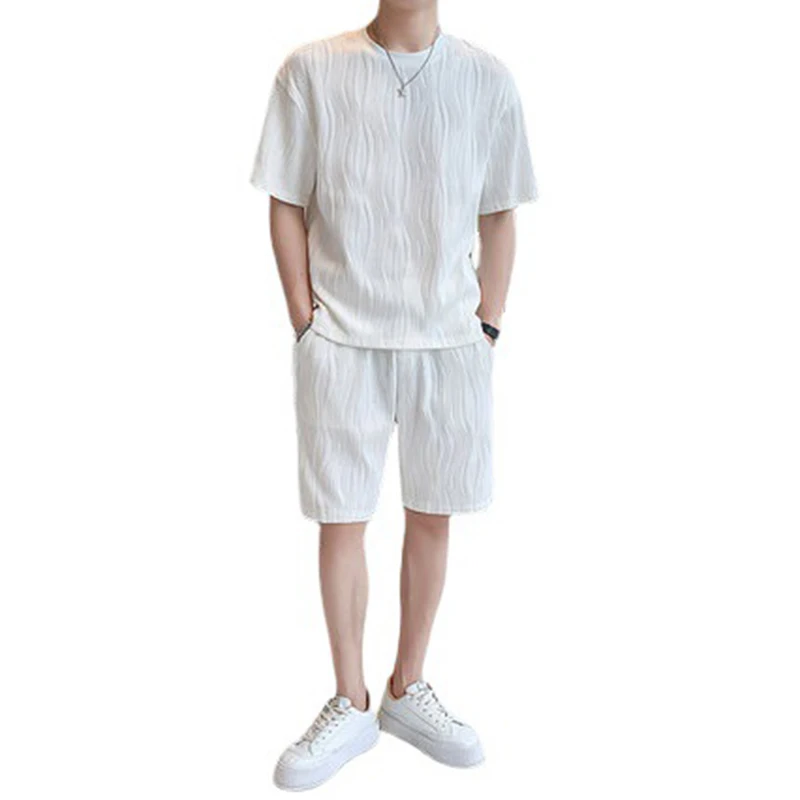 Ensemble 2 Pièces Blanc et Noir pour Homme, Survêtement à Manches Courtes et Col Rond, à la Mode, Été