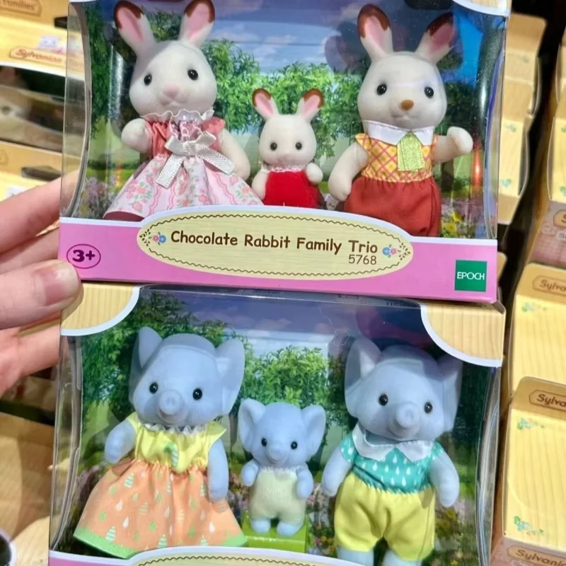 Sylvanian Families Panda Elefantes Familia de tres figuras de Anime lindo juguete de ensamblaje para niños juguetes para jugar a las casitas regalos de cumpleaños