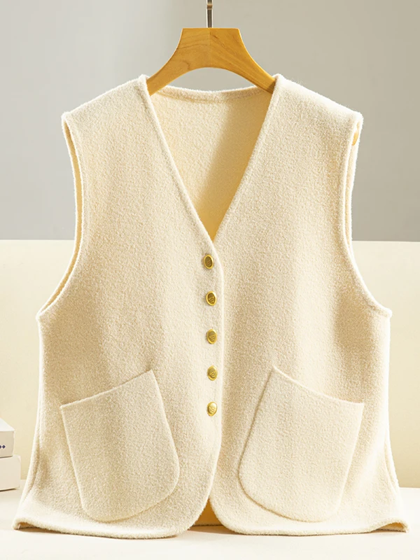 

Ele V-Ne вязаный жилет женский осенне-зимний теплый многослойный свободный повседневный топ с золотыми пуговицами и плечами