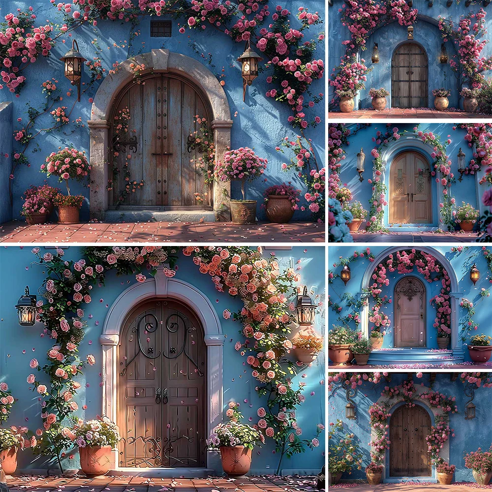 Fondo de fotografía para fiesta de cumpleaños de niña, decoración de flores rosas arqueadas, pared azul, puerta de madera, telón de fondo, espectáculo nupcial, foto al aire libre