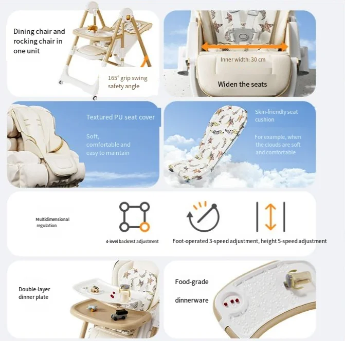 Cadeira de bebê sentada e deitada que pode ser dobrada em uma cadeira de balanço dois em um para jantar