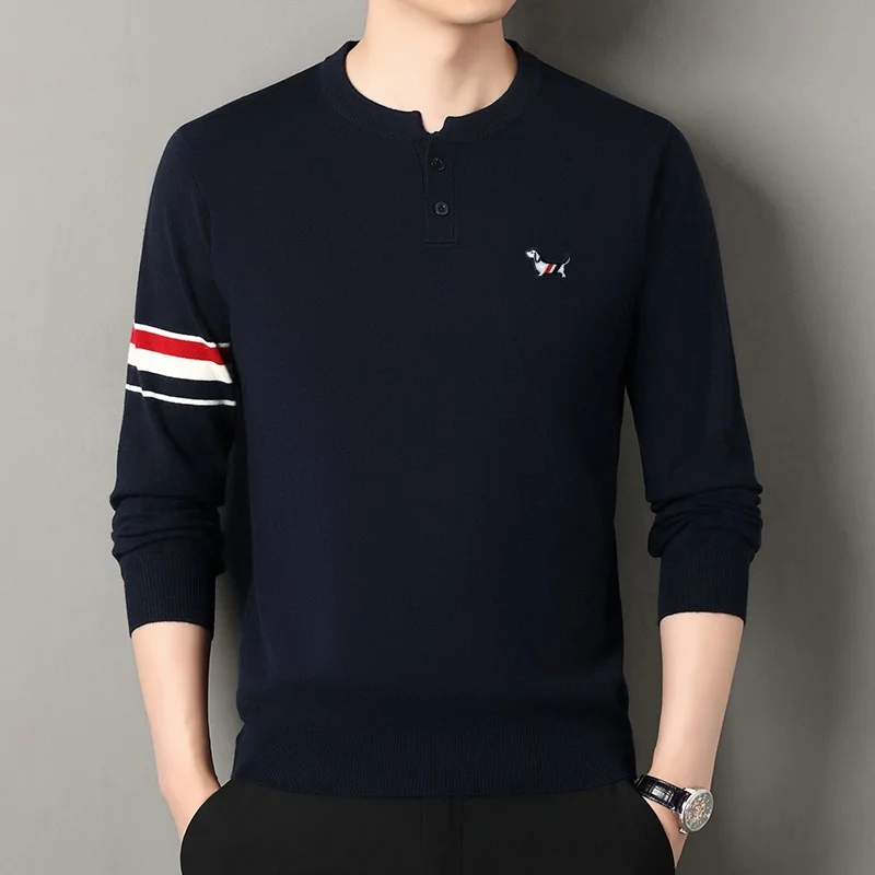 겨울 신상 남성용 O넥 풀오버 니트웨어 스웨터 럭셔리 퀄리티 투피스 버튼 컬러 블록 두꺼운 패션 출퇴근 남성복