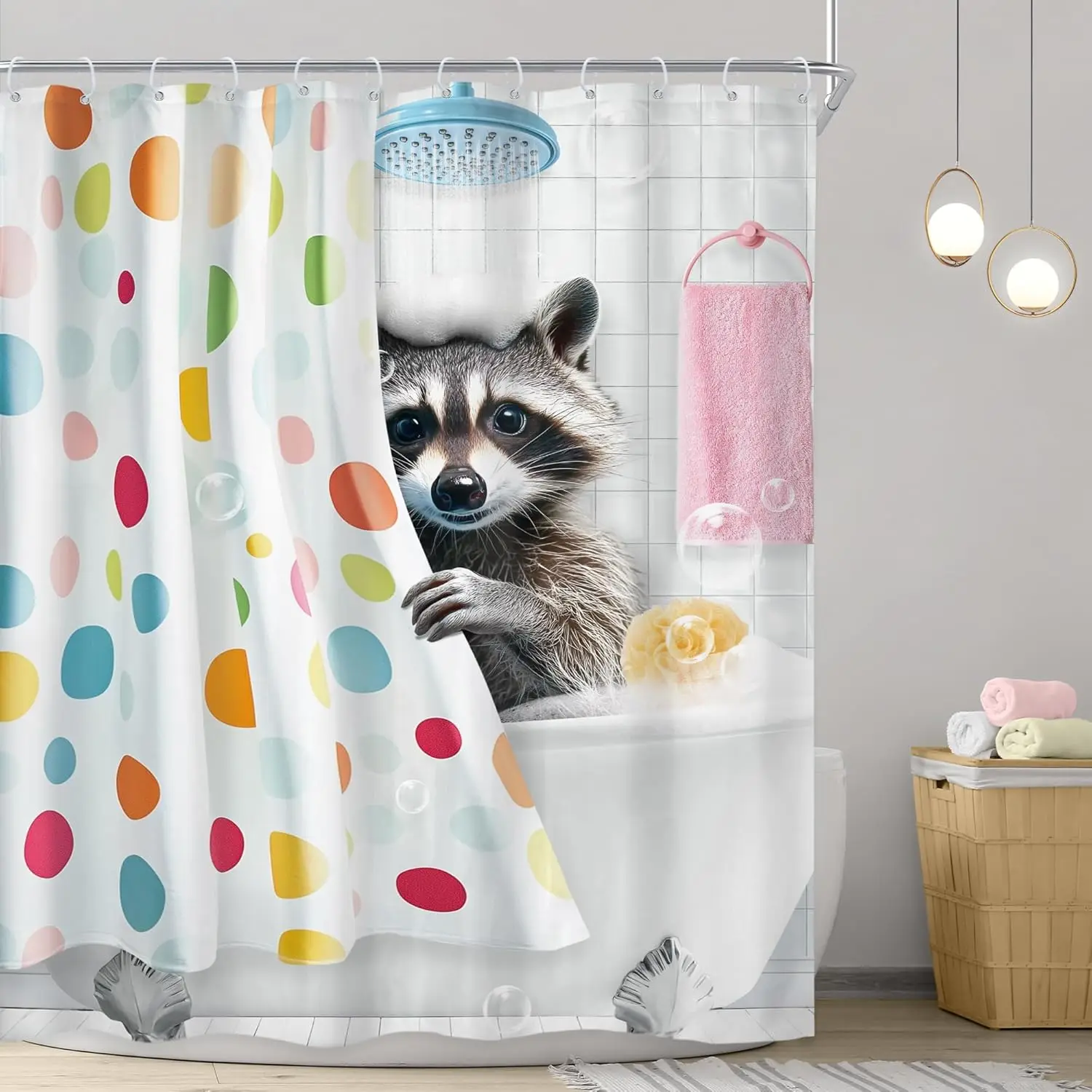 Funny Raccoon Taking a Bath Shower Curtain with Colorful Polka Dots for Kids Bathroom