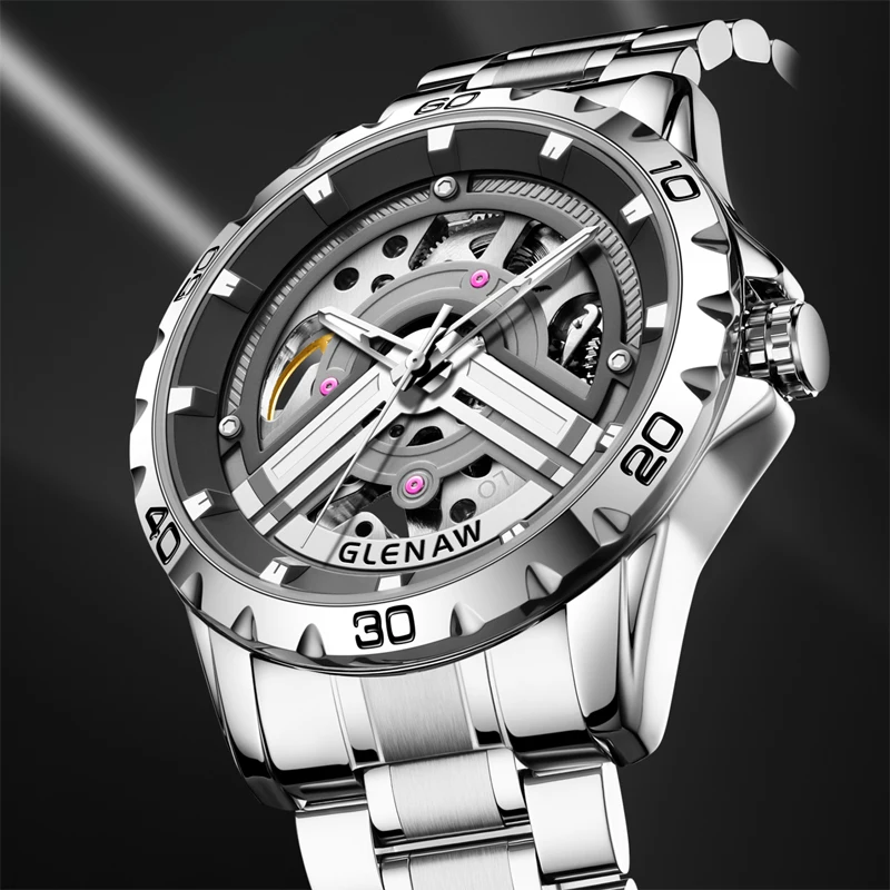 GLENAW Watches Mechanical Top Brand Luxury Stainless Steel Waterproof Hollow Out Business Male Wristwatches Relogio Masculino