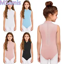 Kids Girls Figure Skating Leotard Stand Collar Front Invisible Zipper Back Sheer Mesh Rhinestones Ballet Dance Leotard