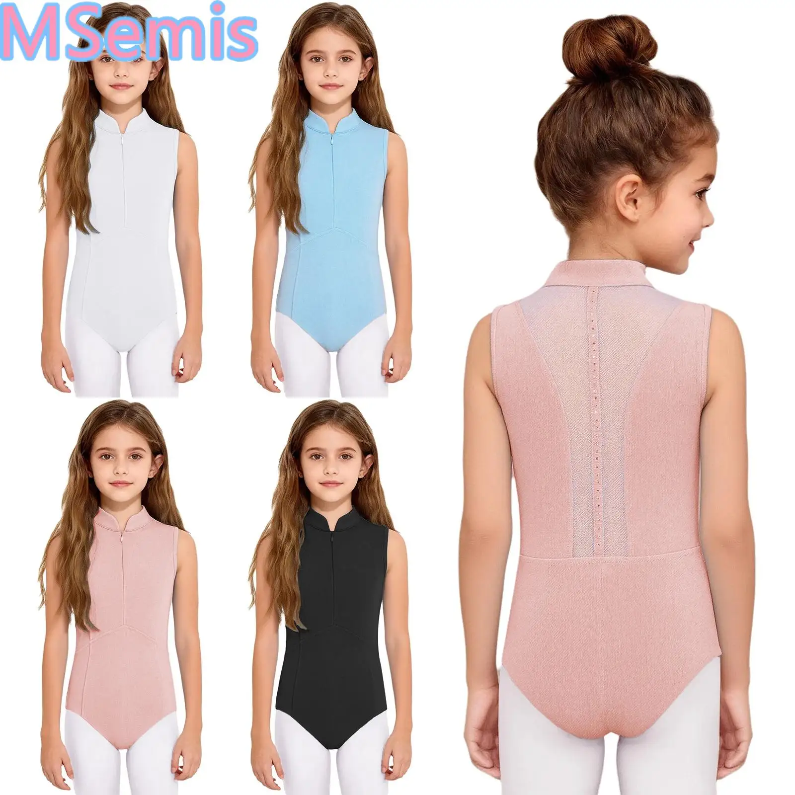 Kids Girls Figure Skating Leotard Stand Collar Front Invisible Zipper Back Sheer Mesh Rhinestones Ballet Dance Leotard