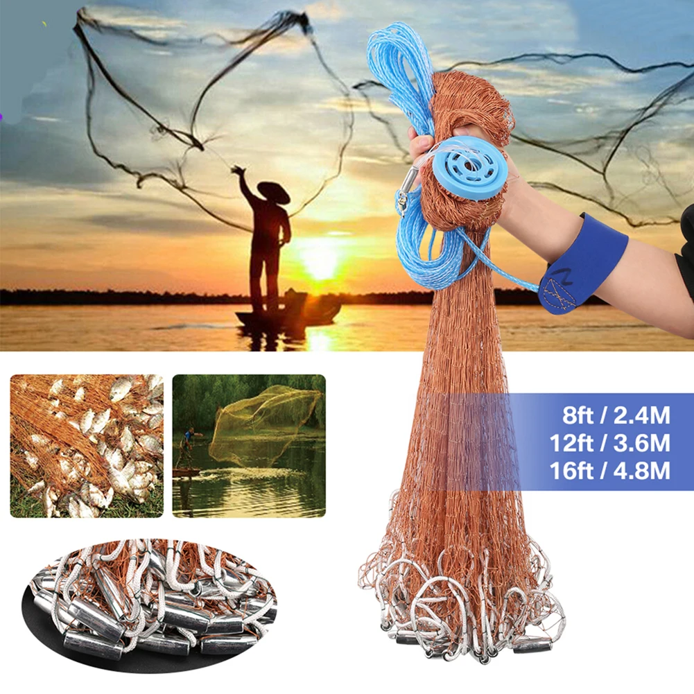 

8/12/16FT American Fishing Cast Net Freshwater Saltwater Tire Line Mesh Strong Real Zinc Sinker Throw Casting Net Heavy Duty