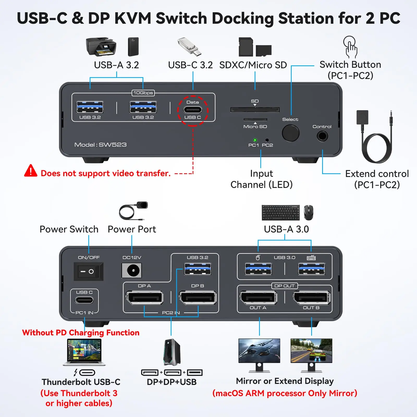 Station d'accueil KVM pour moniteur de tourisme Displayport, commutateur KVM pour ordinateur portable et partage de bureau, 4K, 120Hz, USB C, 2 moniteurs, 2 pièces