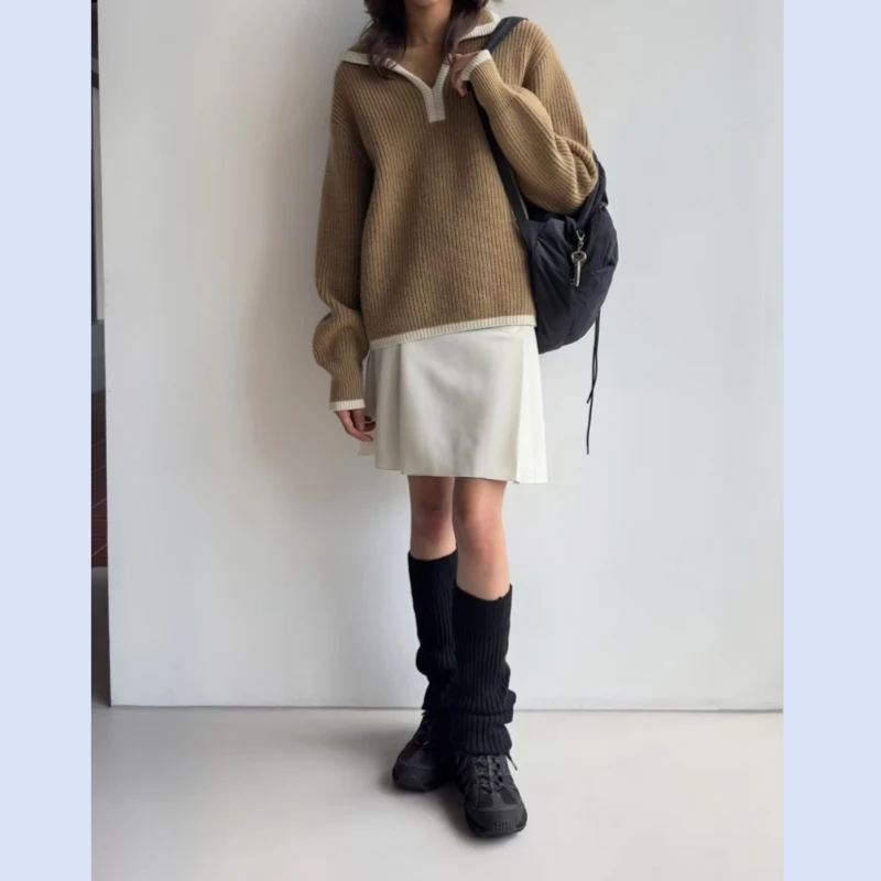 

Color blocked lapel women's 24 year autumn and winter new Korean version casual long sleeved pullover wool knitted sweater