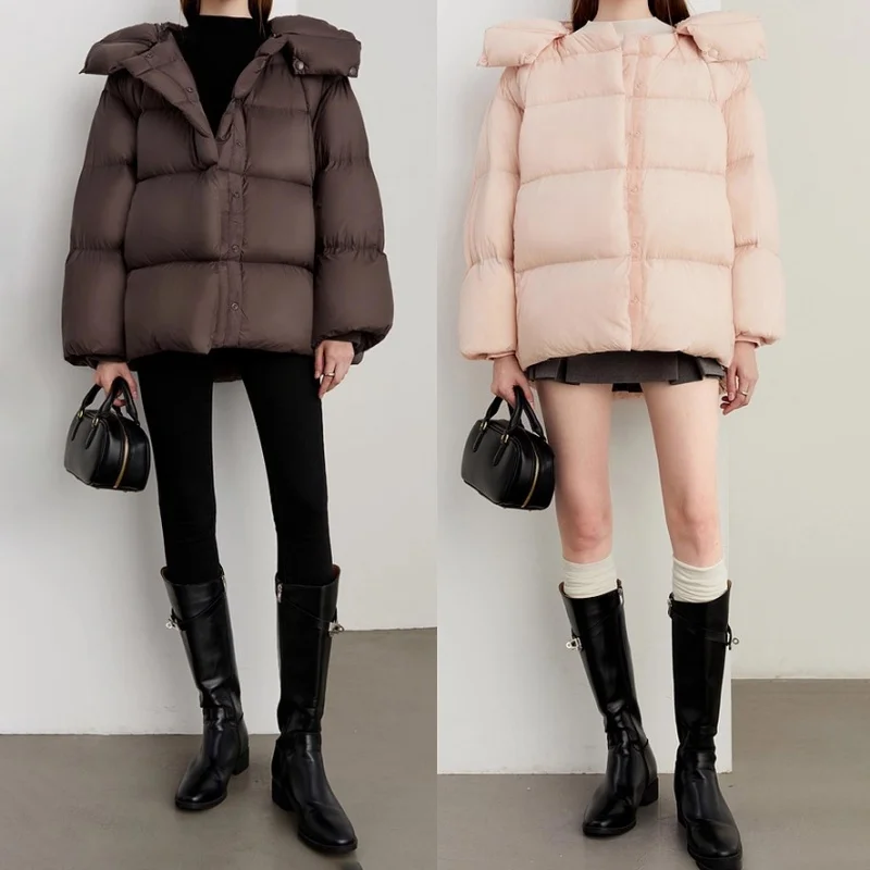 Inverno 2025 feminino engrossado quente com capuz jaqueta de alta qualidade moda high-street branco ganso para baixo casaco de pão fofo ao ar livre