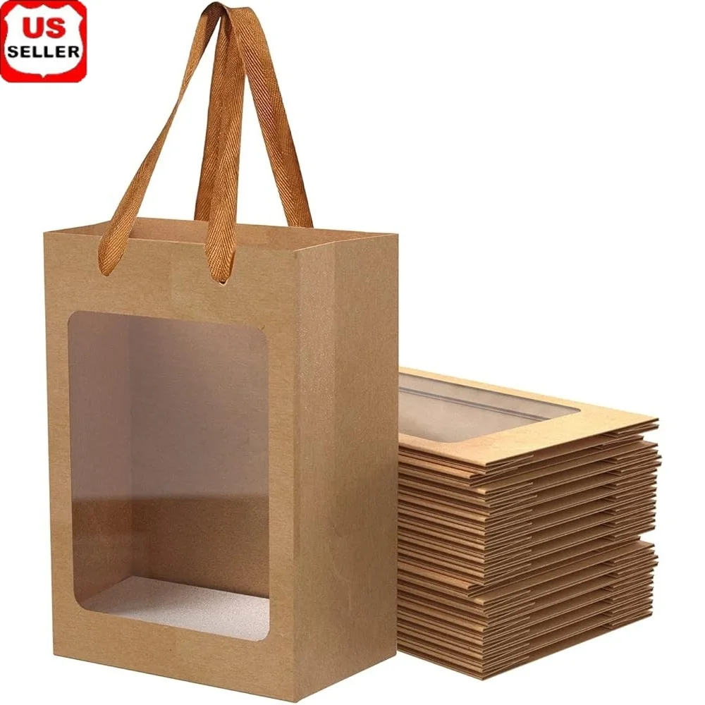 

24 Pcs Kraft Gift Bags with Clear Window Sturdy Handle Gifts Shopping Birthdays Weddings Parties and Events