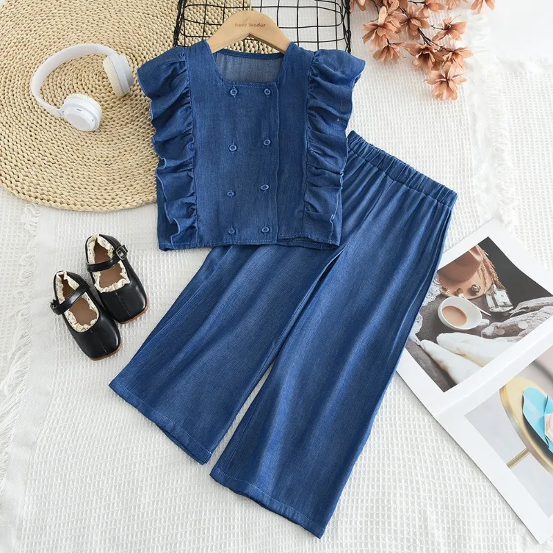 Girl Clothes Summer Solid Color Imitation Denim Children's Suit Blue Ruffled Sleeveless Vest+Pants 2Pcs Set