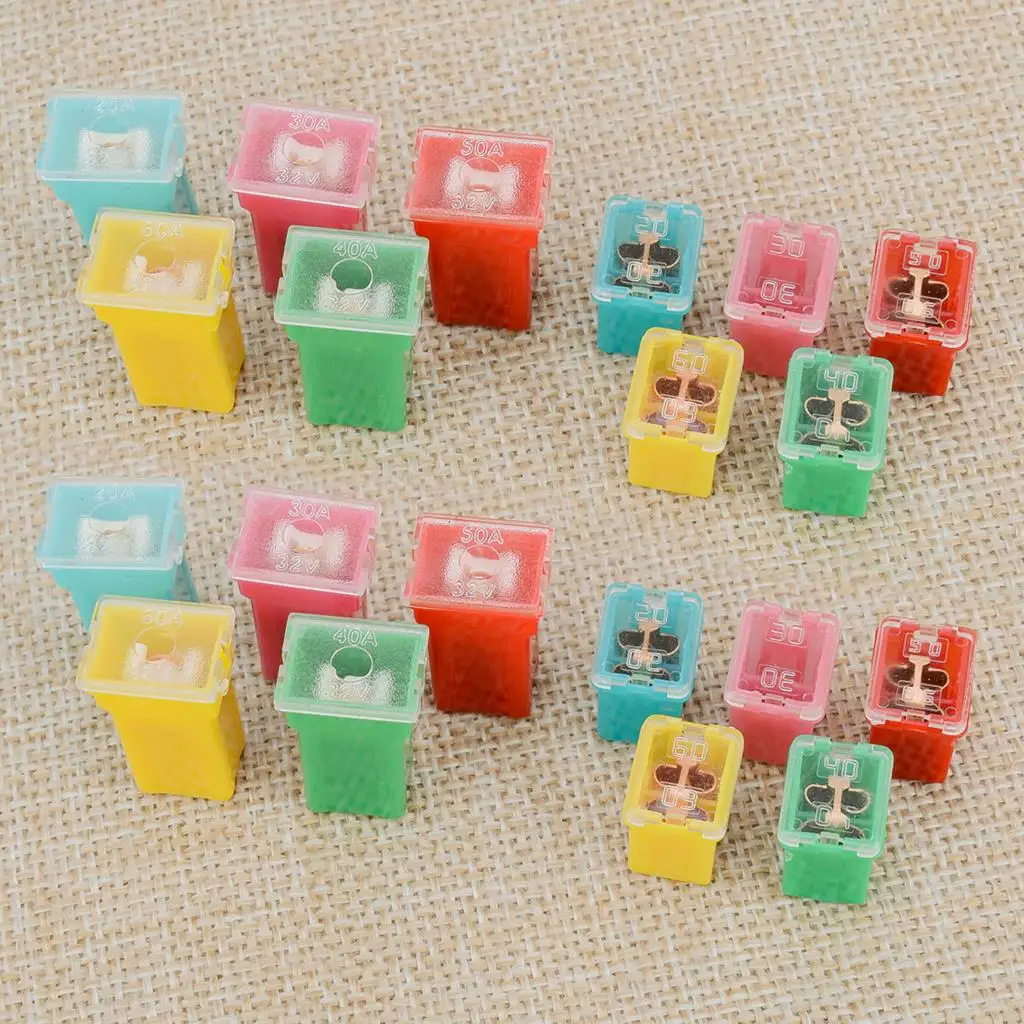 20Pcs Mini Square Fuse Assortment Kit 12-32V 20A 30A 40A 50A 60A AMP With Plastic Box Universal for Car Truck Boat Camper UTV