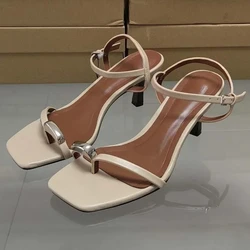 2025 Summer Women High Heel Sandals Metal Decoration Elegant Clip Toe Stilettos Big Size Luxury Brand Ankle Strap Ladies Shoes