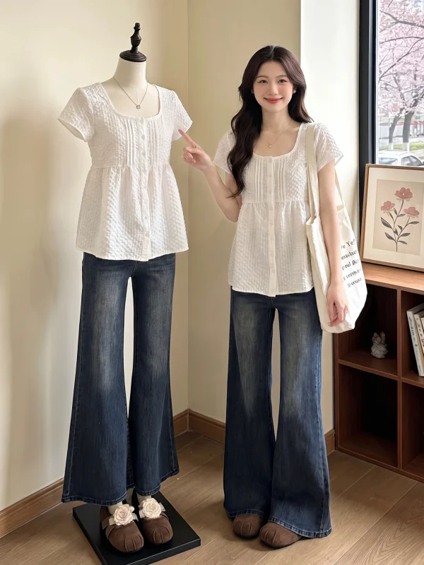 

Summer New Women's Short Sleeve Shirt Square Collar Big Size Doll Shirt Textured Feeling Korean Style Commute Wind Loose Fit