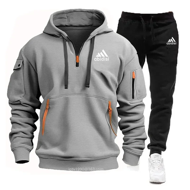 Neuer Herren anzug Herbst/Winter Outdoor Herren Trainings anzug Mode Street Reiß verschluss Pullover Jogging hose 2 Sets, lässiger Jogging Hoodie