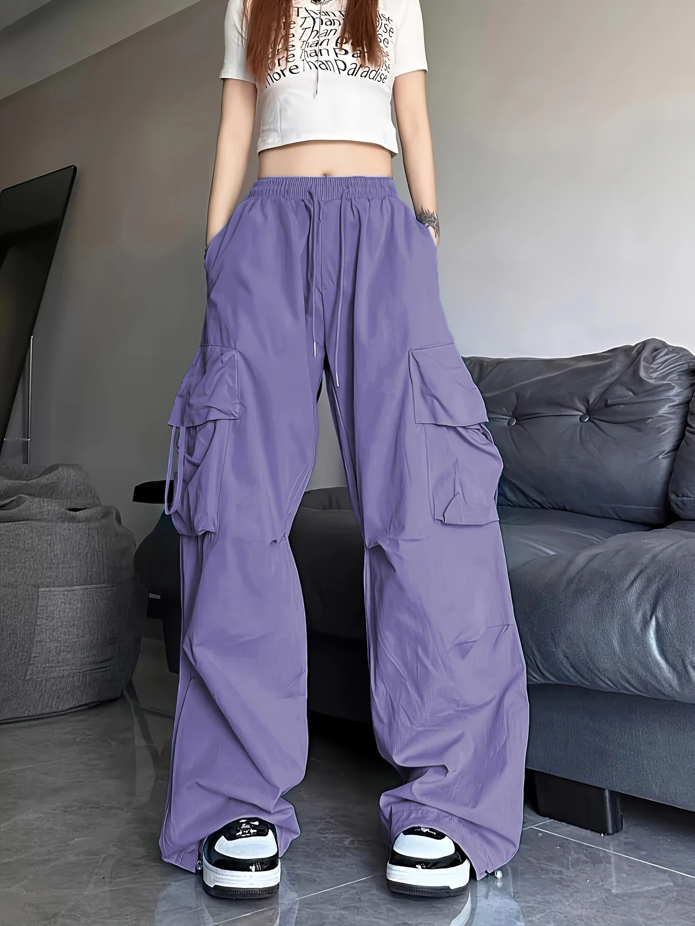 Women Hip Hop Streetwear Baggy Cargo Pants Lightweight Drawstring Waist Multi Pockets Dance Casual Boyfriend Harajuku Black