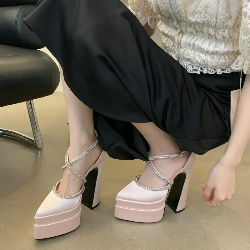 Summer 2025 New Fashion Platform Thick Heels Pointed Satin Pumps Women's Single Shoes