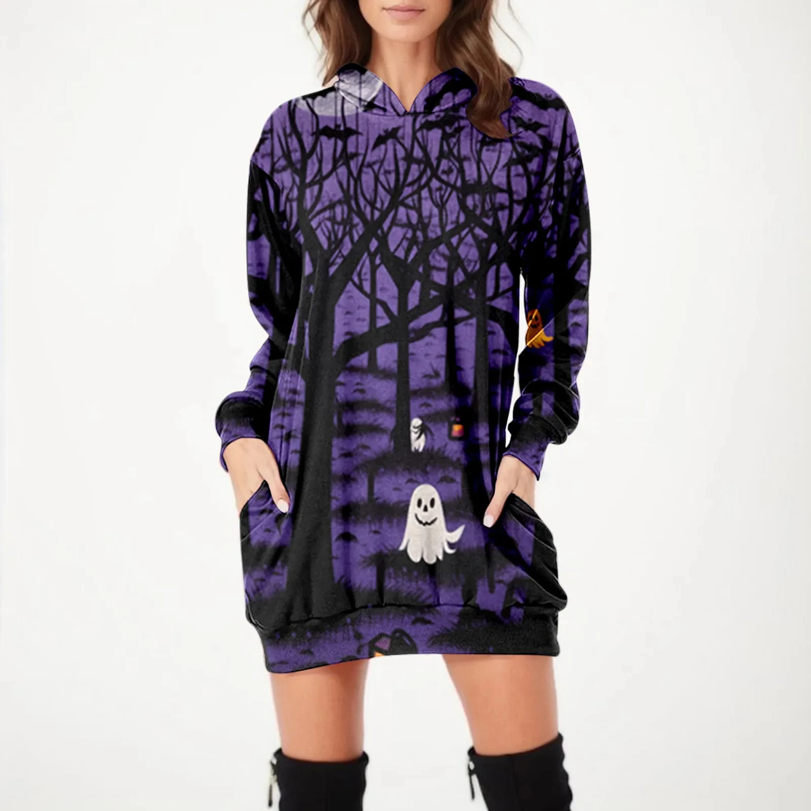 Halloween Ghost Printed Hoodie Dress Bat Women's Daily Workout Hoodies Long Sleeve Pullover Autumn Winter Loose Tee Traf Vestido