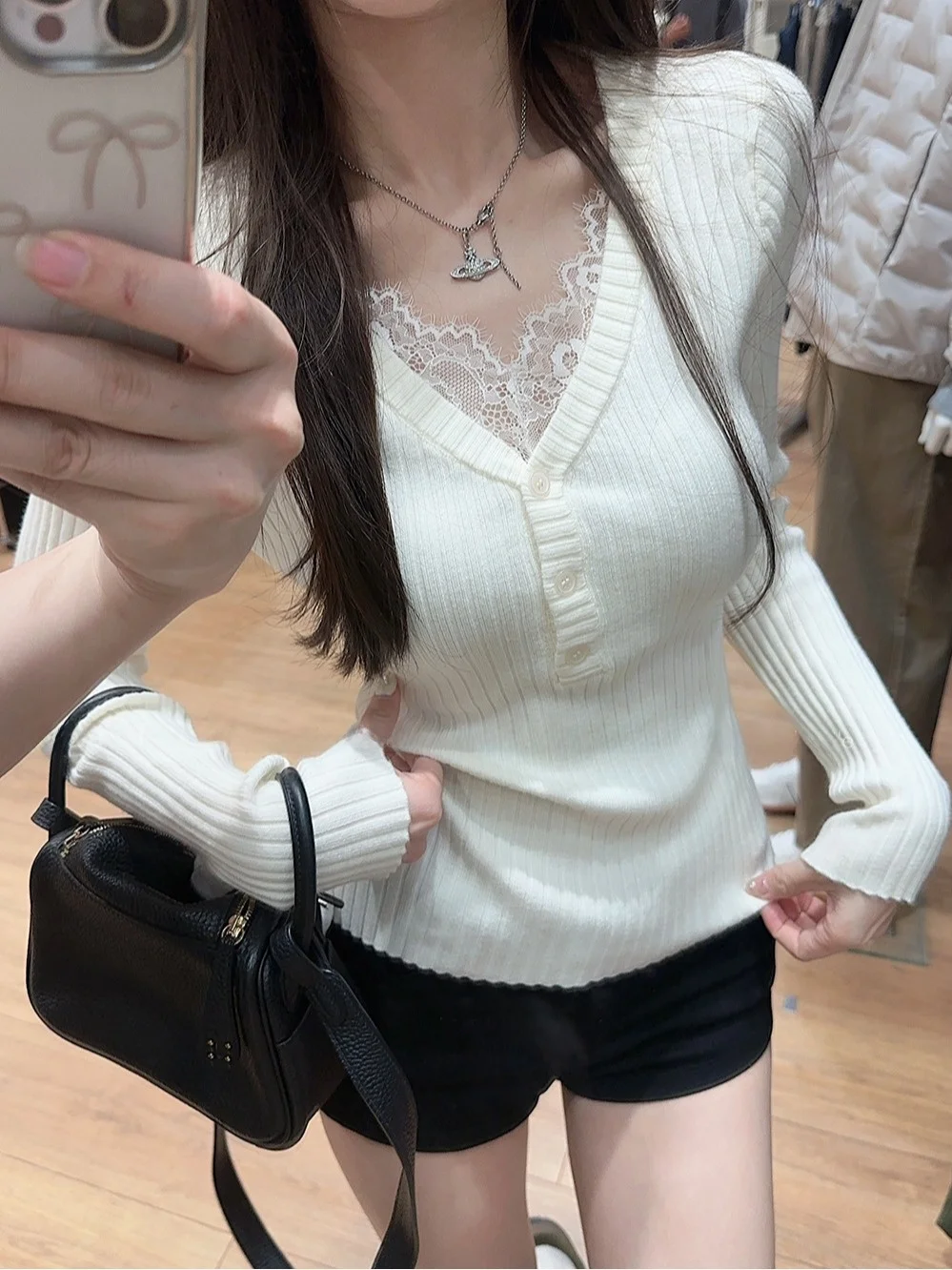 

Korean Sle Lace Splice Pure Desire Women's Knitted Sweater V-Ne Long Sve Ci Walk Inner Wear Top Cotton 00%