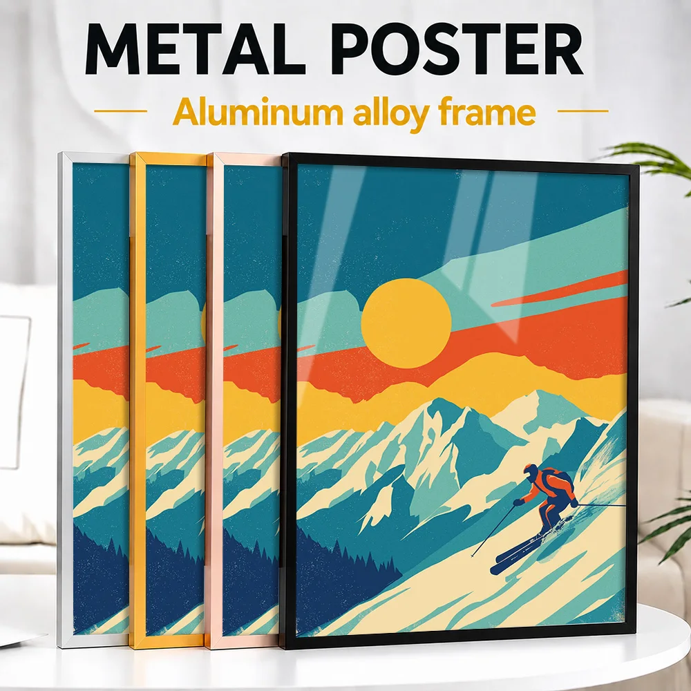 Retro Skiing Metal Poster With Aluminum Alloy Frame Customized Photo Warm Heritage Style Wall Art For Cabin Memorable Fan Gift