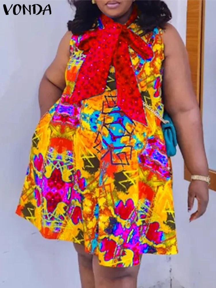 플러스 사이즈 5XL VONDA 여성 미니 드레스 2025 여름 선드레스 보헤미안 프린트 우아한 나비넥타이 캐주얼 민소매 비치 베스티도