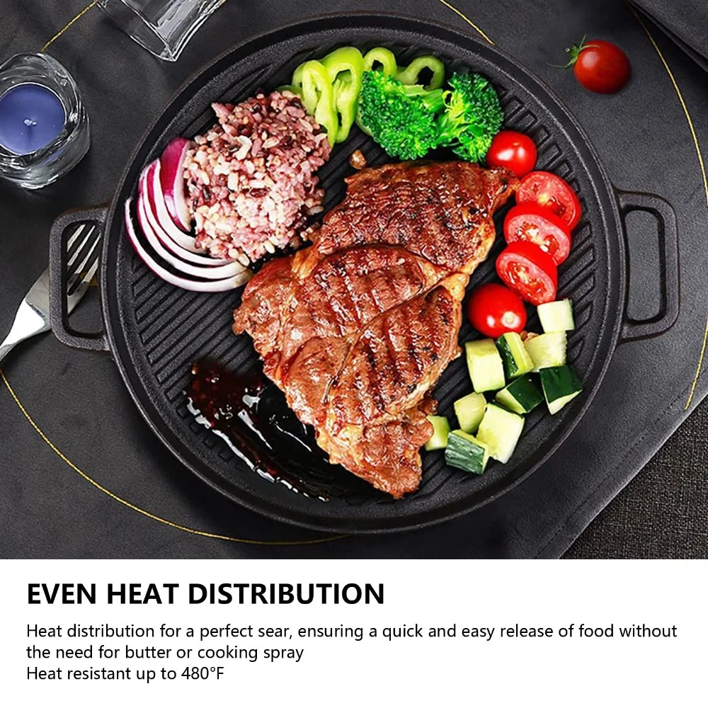 New Cast Iron Grill Pan Flat Bottom Round Ribbed Steak Pan Ribbed Surface Dual Handle Frying Pan Steak Grilling