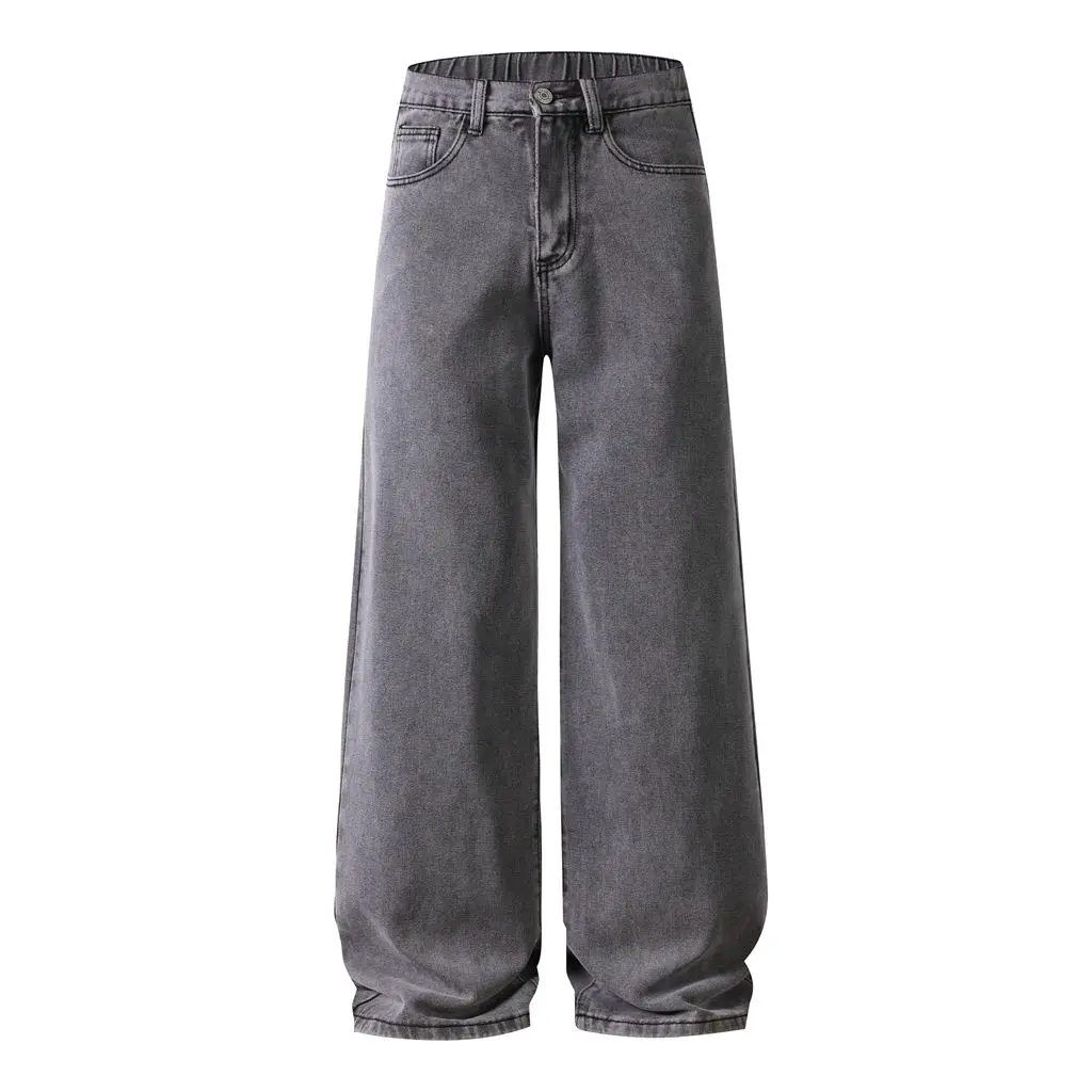 

Men's Grey Elastic Waist Loose Wide Leg Jeans Non-Stretch Four Seasons Wearable Comfortable Fit Long Trousers