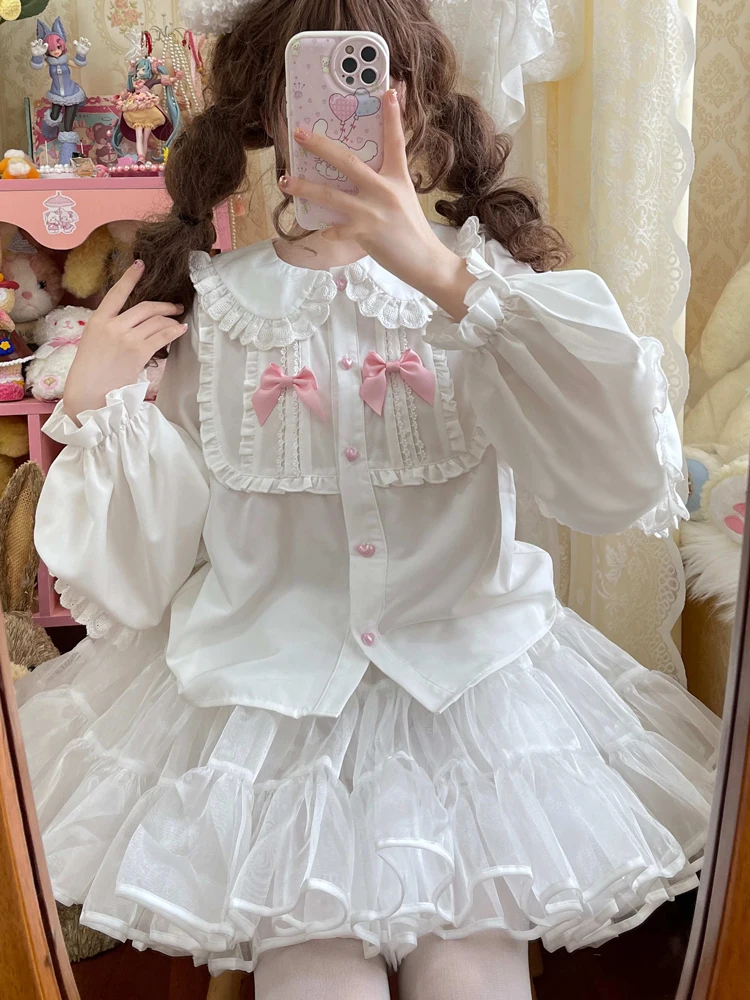 KIMOKOKM Sweet Girly Single-breasted Lolita Shirt Peter Pan Collar  Ruffled Lace Kawaii Bow Flare Sleeve Cute Sweetheart Blouses