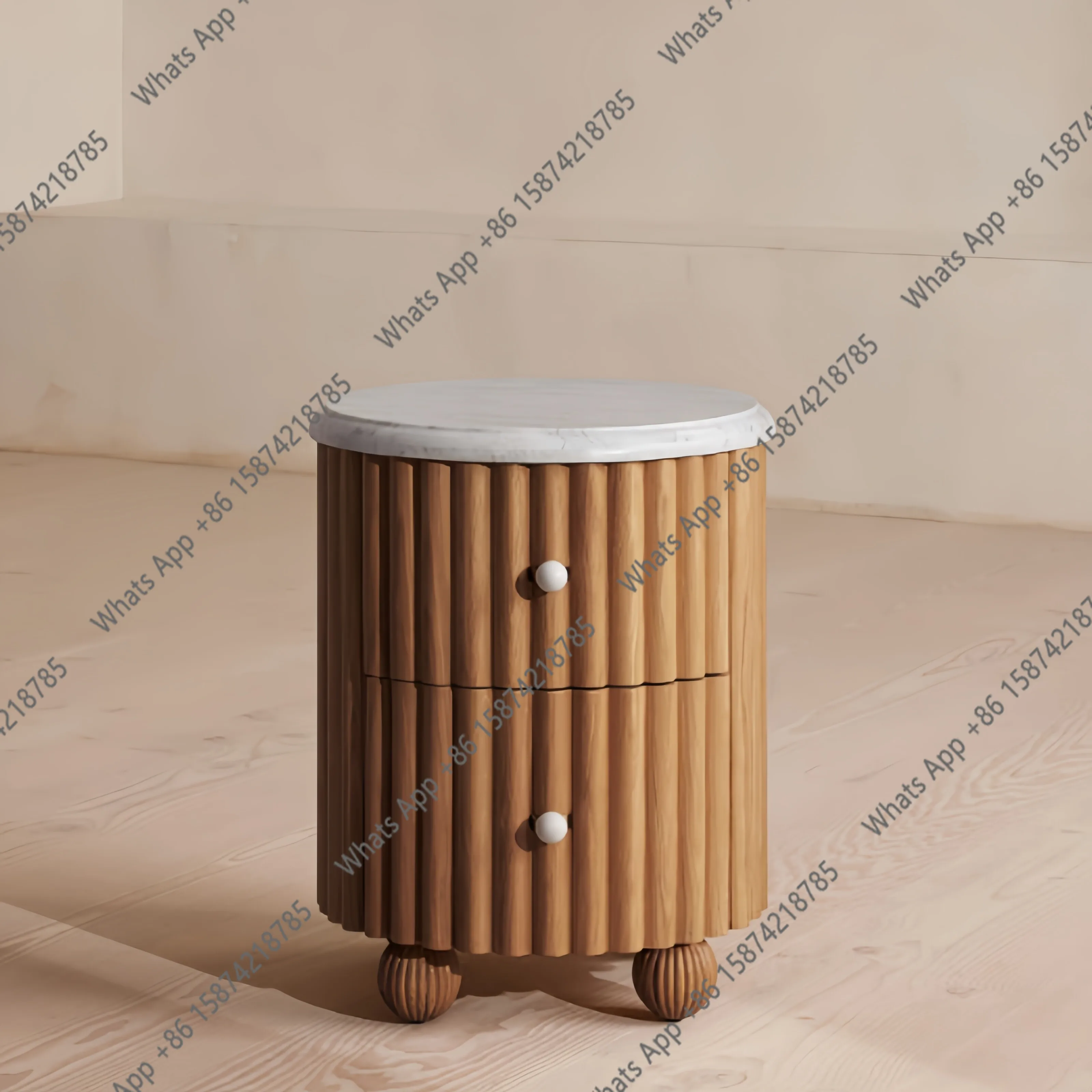 Zx Medieval Style Solid Wood Cylinder Home Designer Bedside Table Marble Surface Locker Double Drawer Storage Edge Few