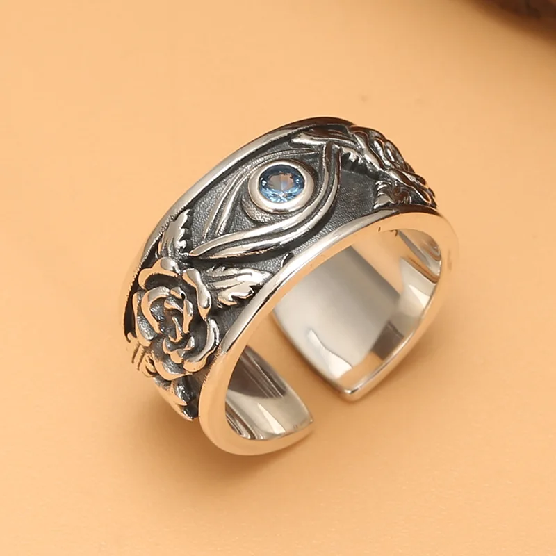 

Sterling silver Horus eye ring men's personality retro all know single ring Rose opening silver ring