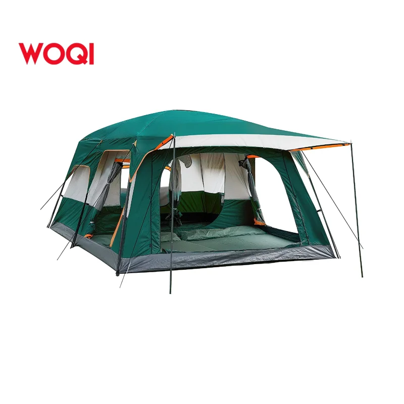 WOQI Wholesale 2 Rooms Straight Wall with Mesh Waterproof Double Layer 8-12 persons family camping tent