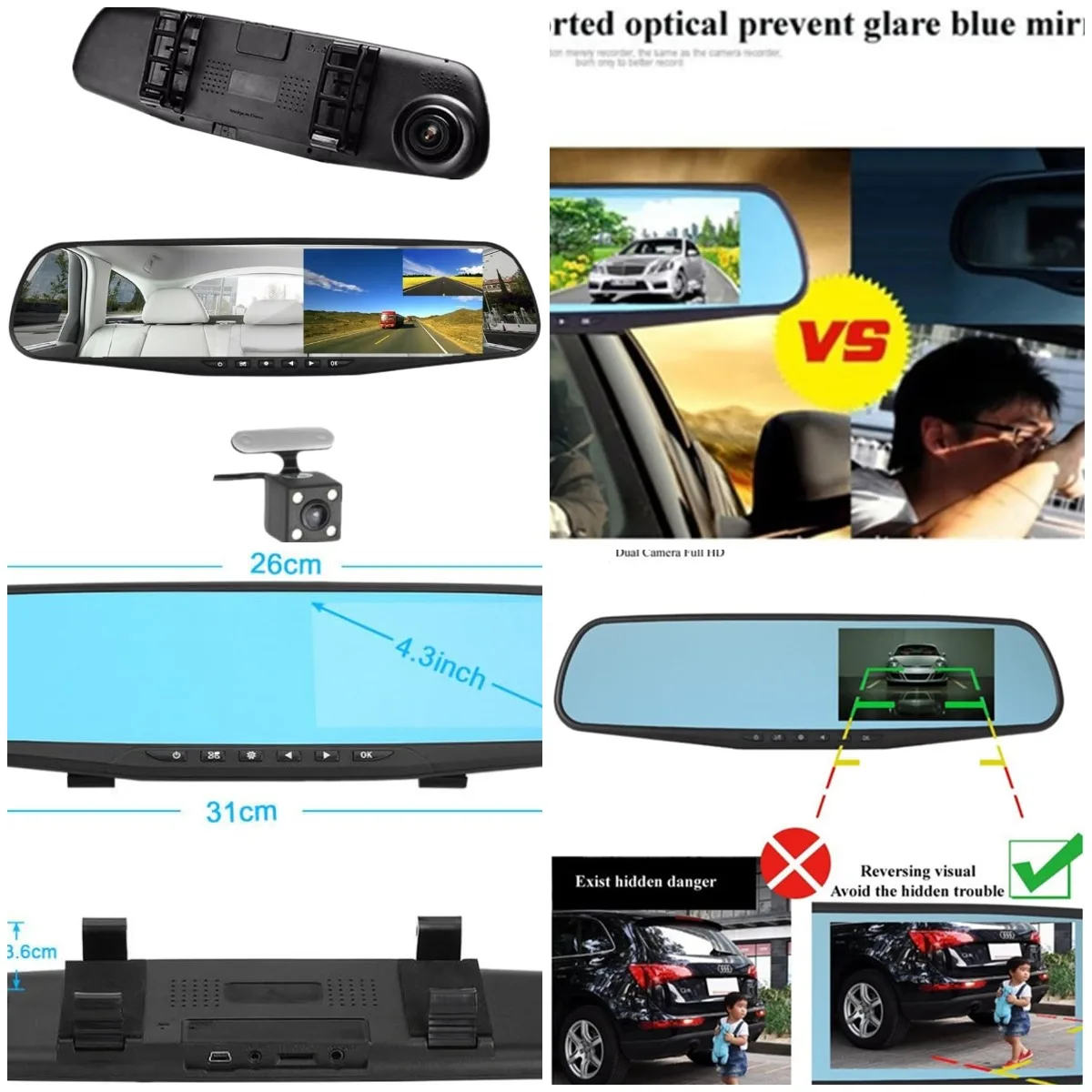 

Car DVR Rear View Mirror Camera 4.3' Dual Lens Night Vision Backup Camera