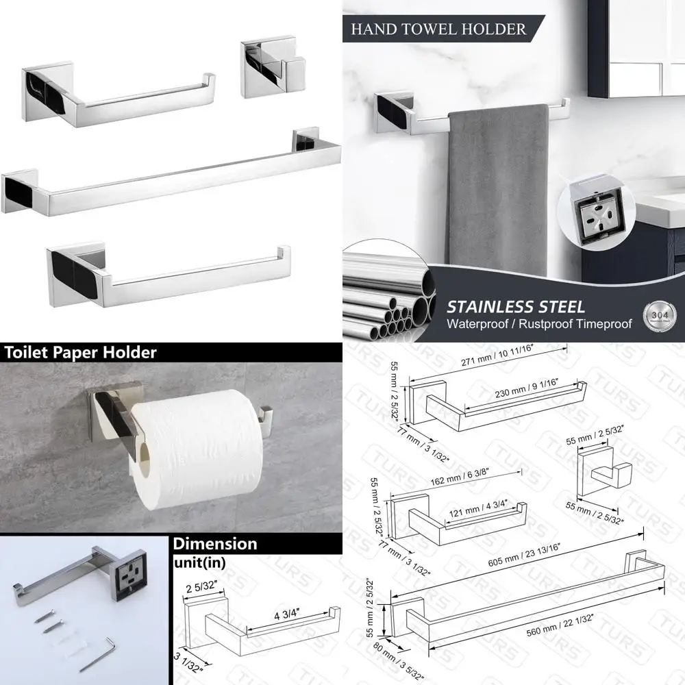 

Stainless Steel 4-Piece Bathroom Hardware Set with Polished Chrome Towel Bar and Holder for Modern Bathroom Decor