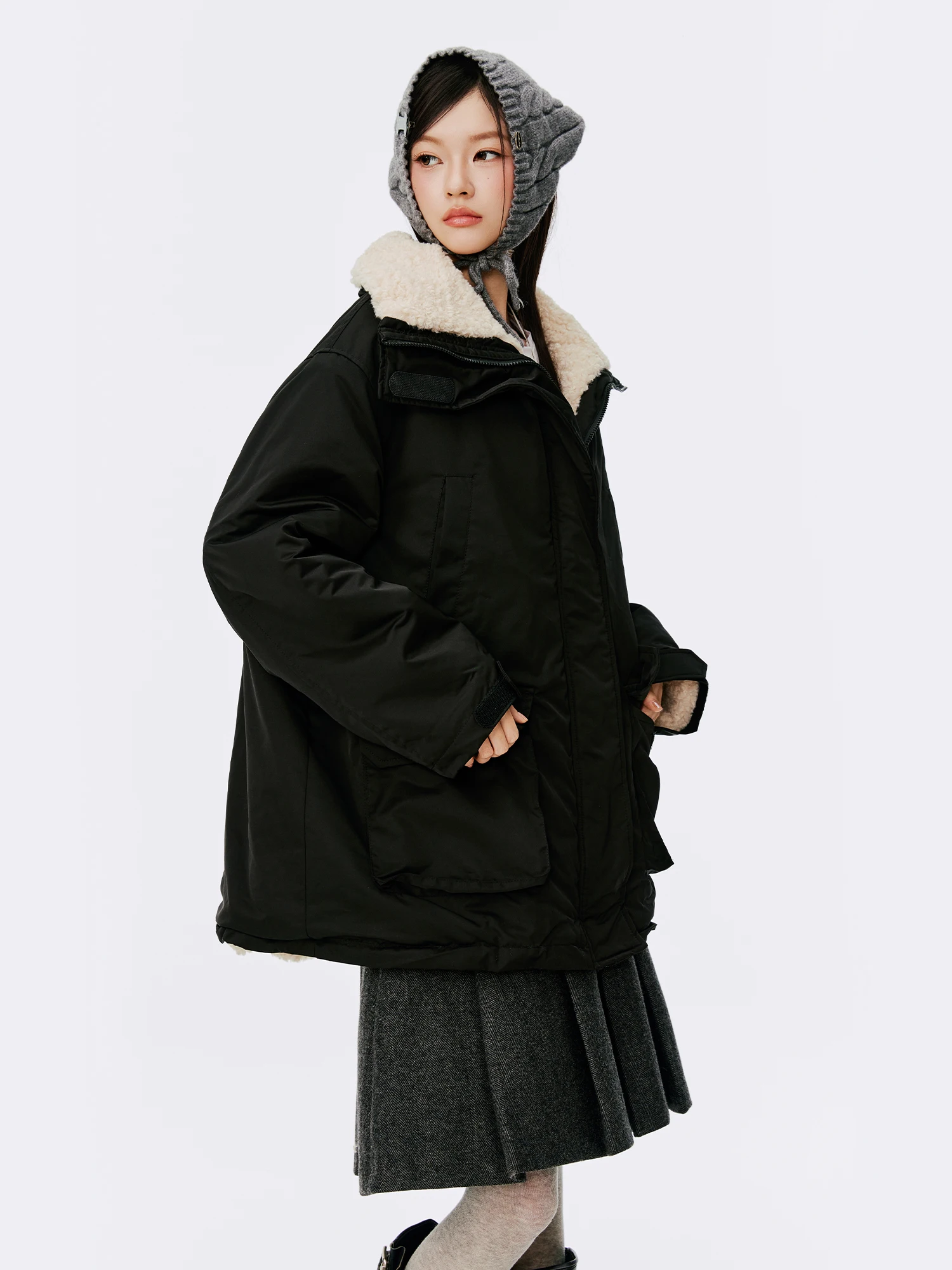 

Теплое женское зимнее пальто в корейском стиле с воротником из овечьей шерсти, хлопковое, модное, ветрозащитное, с полиэстеровым наполнителем