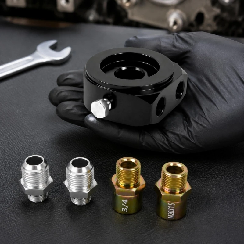 Engine Oil Line Adapter Plate with AN10 Sandwich Body, Side Threaded Ports and 4 Fittings for Sensor Line Install D7YA