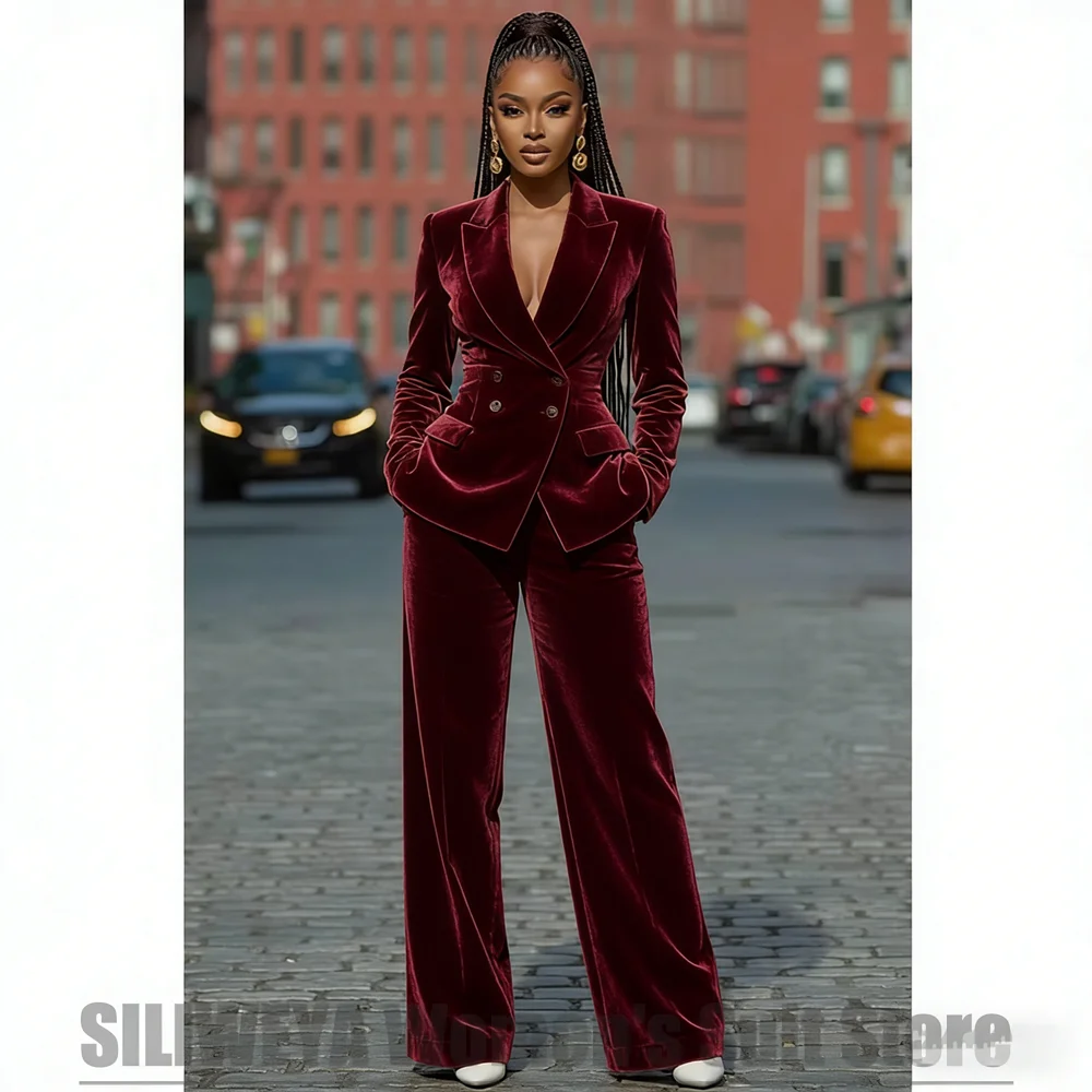 Fashion Women's Velvet 2 Piece Suit Double Breasted Daily Casual Outfit Slim Elegant Lady Formal Wedding Party Prom Tuxedo