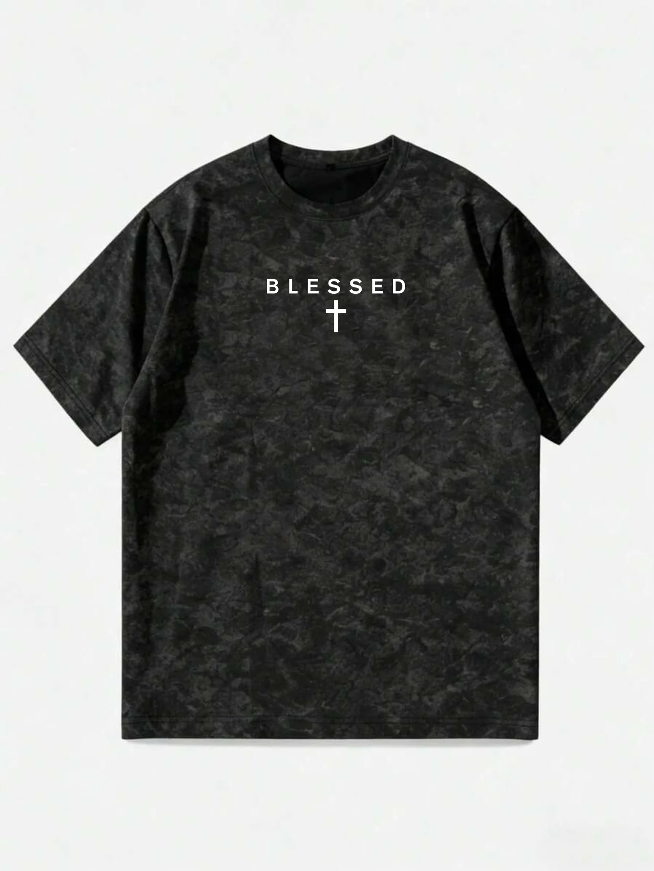 Danqiyoyo Washed BLESSED Text and Cross Symbol Men Clothes Tee Shirt Homme Graphic T-Shirts Man Tshirt for Mens Ropa 27154