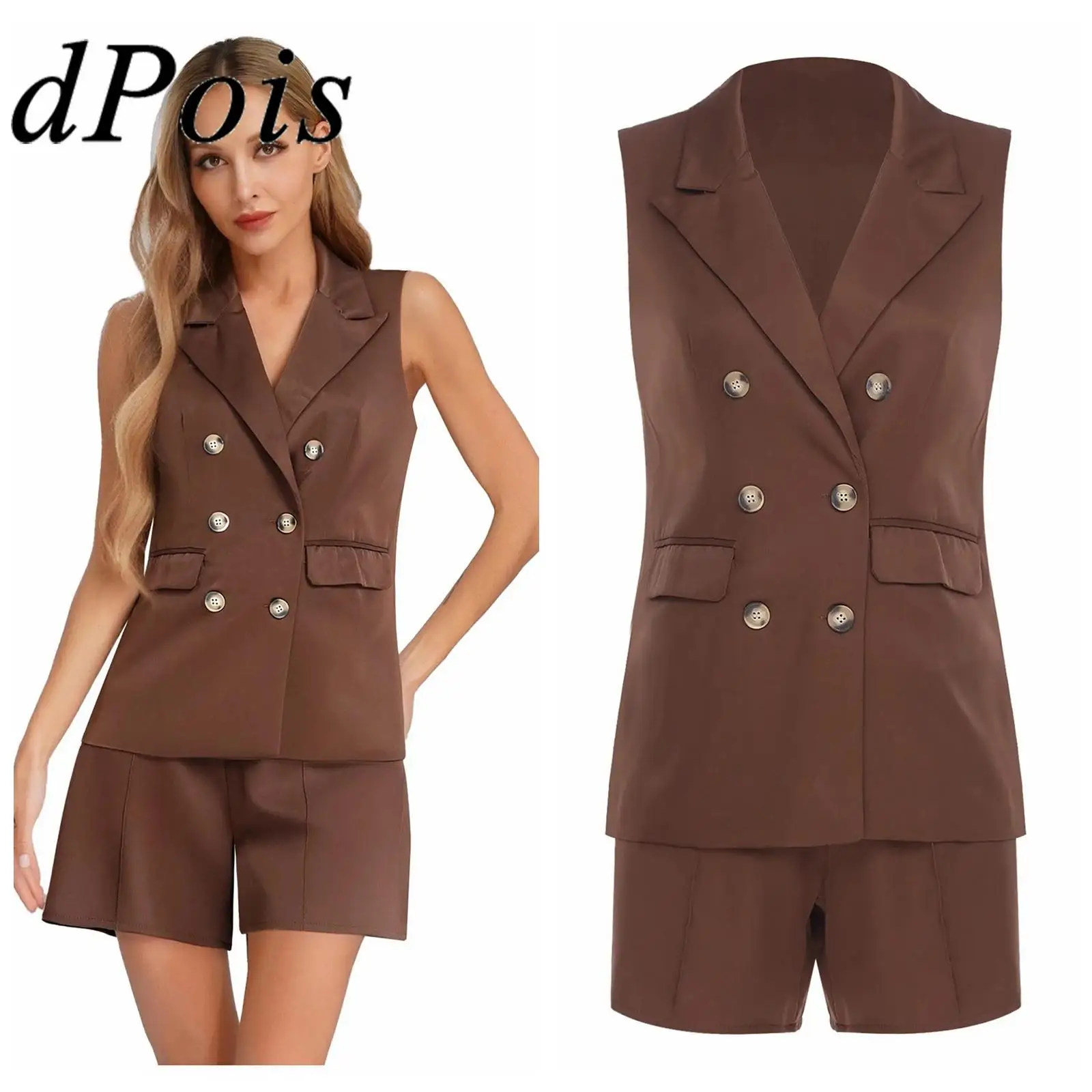 

Women Business Casual Outfits Lapel Sleeveless Double-breasted Vest with Shorts Suit Lady Summer Sets for Work Commute Outfits