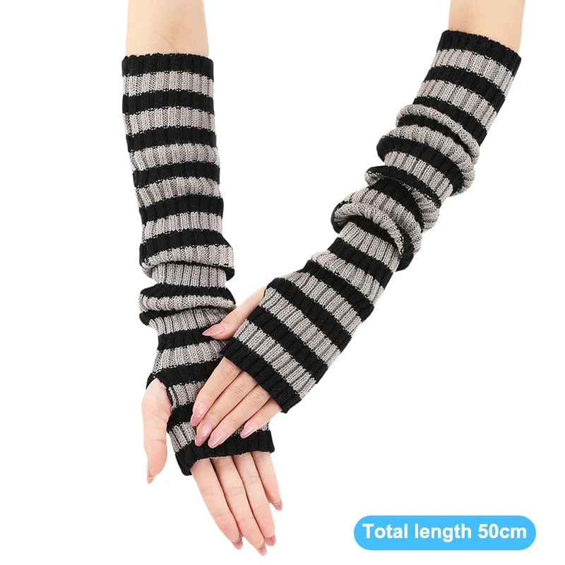 1Pair Fashion Striped Elbow Gloves For Women Girls Solid Color Arm Long Half Finger Arm Sleeves Warm Elastic Gloves Gifts