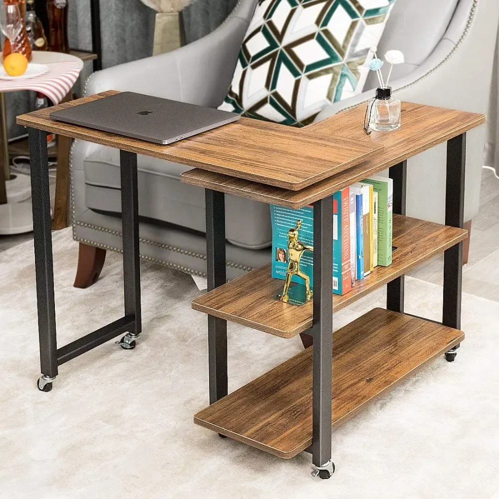 

Sofa Side Table 360° Rotating Mobile End Table Movable Laptop Table with 2 Tiers Storage Shelves 6 Universal Casters