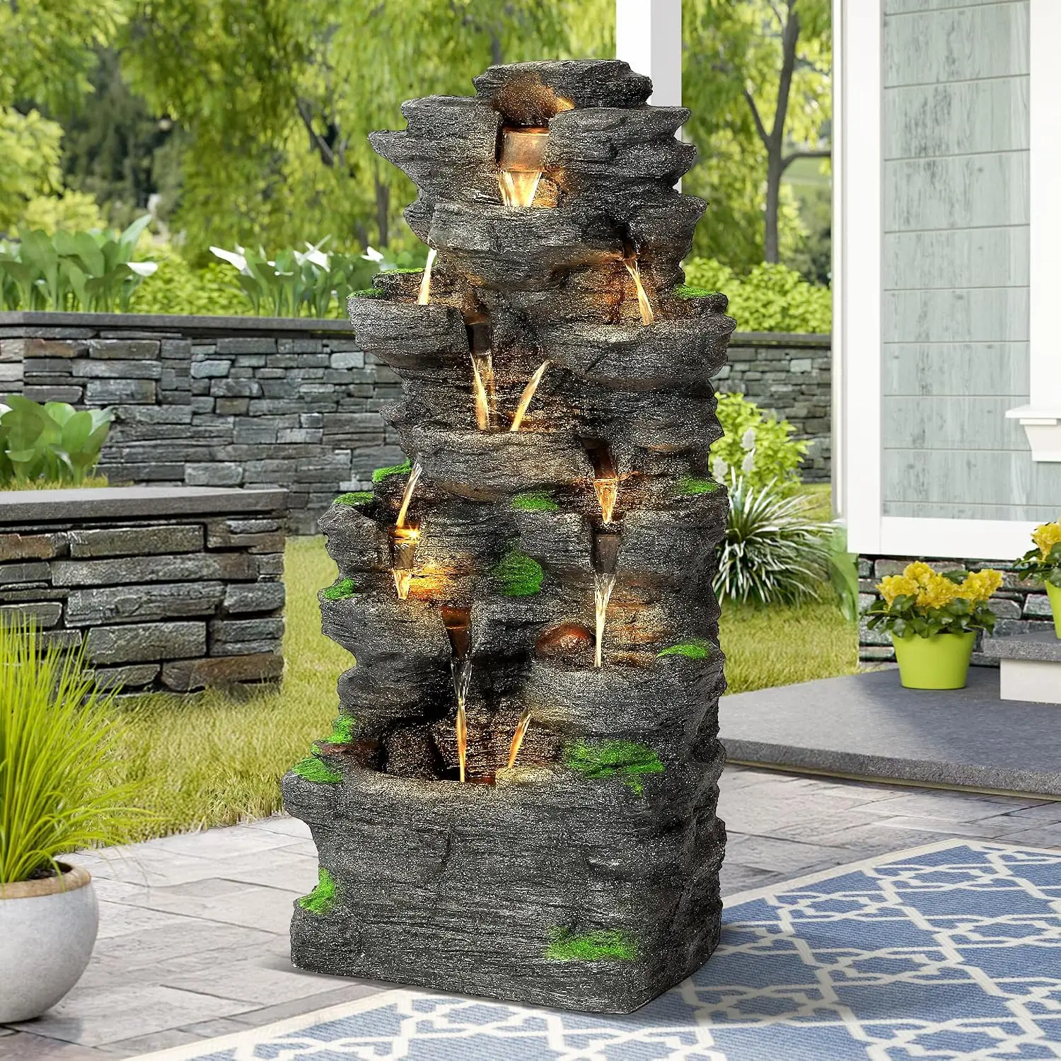 Outdoor Cascading Rock Garden Water Fountain LED Light Pump 10 Tiers Indoor Waterfall Fountains Freestanding Resin Natural Stone
