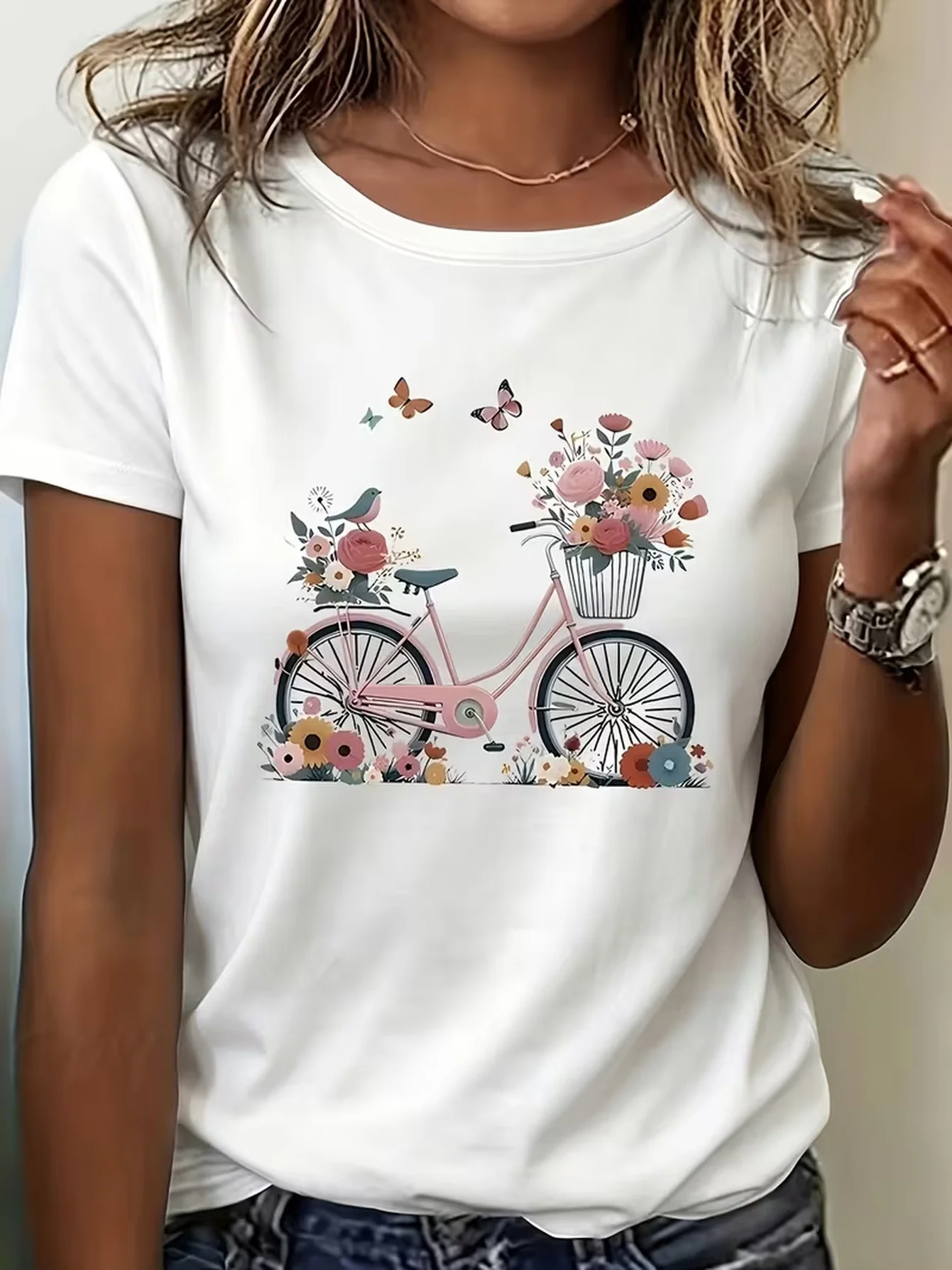 Summer All-Match Women'S Short Sleeve T-Shirt Fresh Preppy Style Women'S TShirt Butterfly Floral Bicycle Pattern Printed T-Shirt