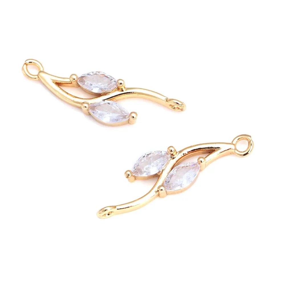 18K Gold Color Brass Zircon Charms, Tree Leaf, Leaves Connect, Pingentes, Fazer Jóias, Acessórios DIY, 2 Buracos, Alta Qualidade