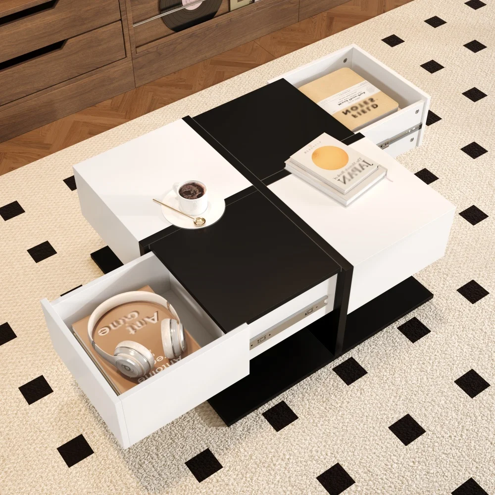 Moderner quadratischer Couchtisch in Schwarz und Weiß mit Stauraum und Schubladenschienen, 70 x 70 x 35,5 cm – Detail 10