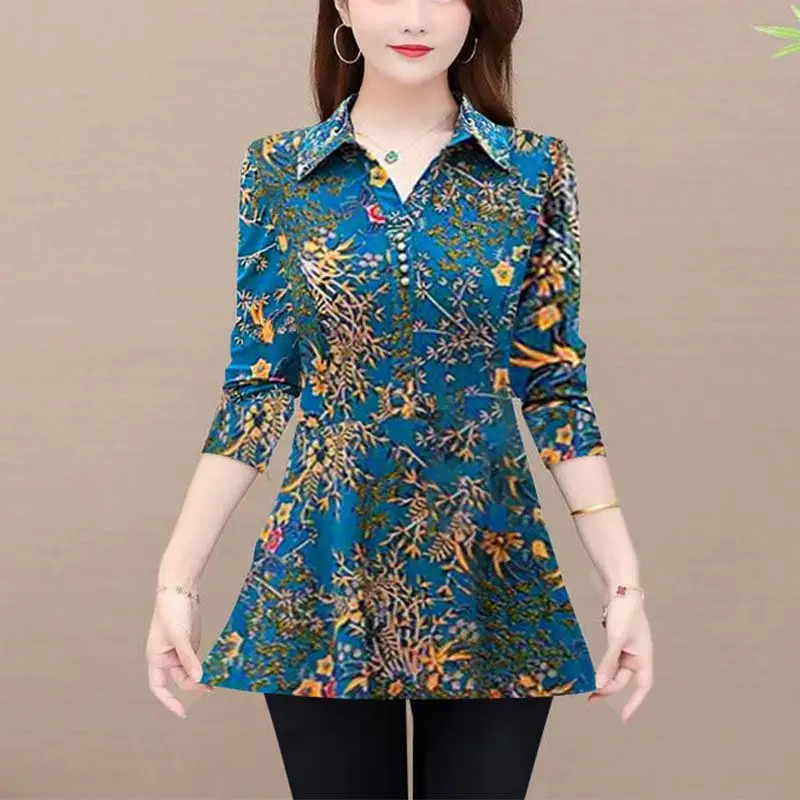 Stijlvolle Folk Gebroken Bloemen Blouse Vintage Casual Revers Lente Herfst Knoop Lange Mouw Dameskleding Pendelbedrukt Shirt