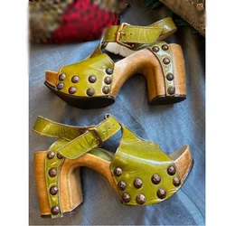Green Rivet Buckle Wood Platform Sandals Chunky Heel Peep Toe Fashion Sexy 2025 Summer Big Size Woman Shoes Zapatillas Mujer
