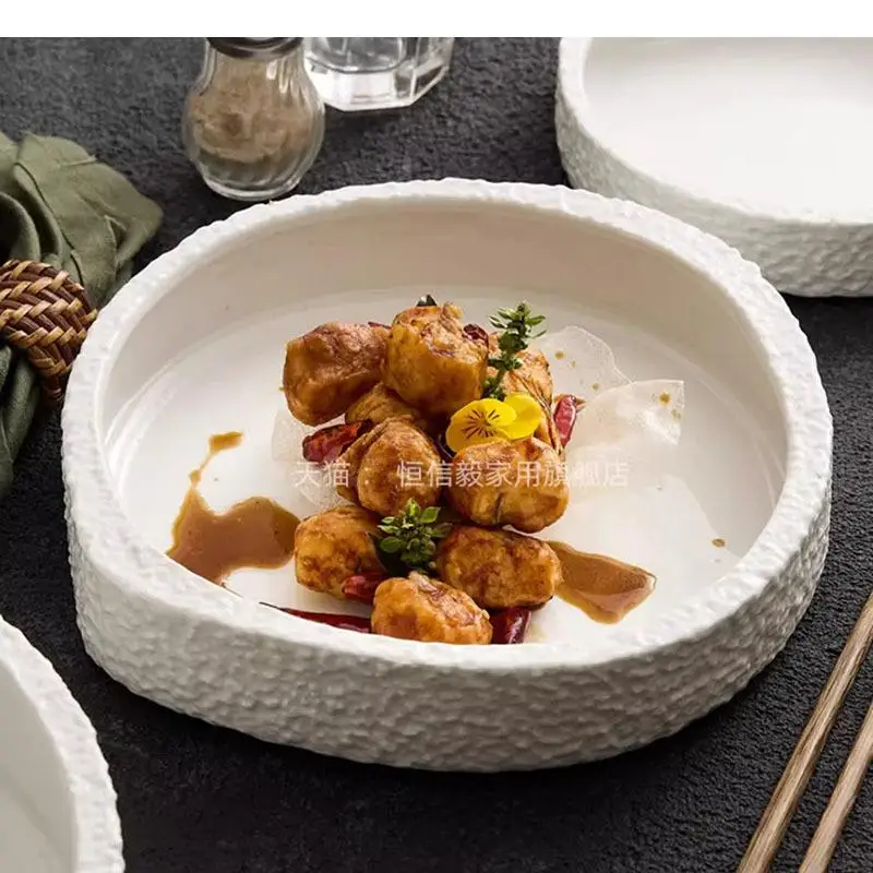 Pure White Irregular Ceramic Stone Pattern Dining Plate Salad Dessert Dish Pasta Molecular Cuisine Special Tableware
